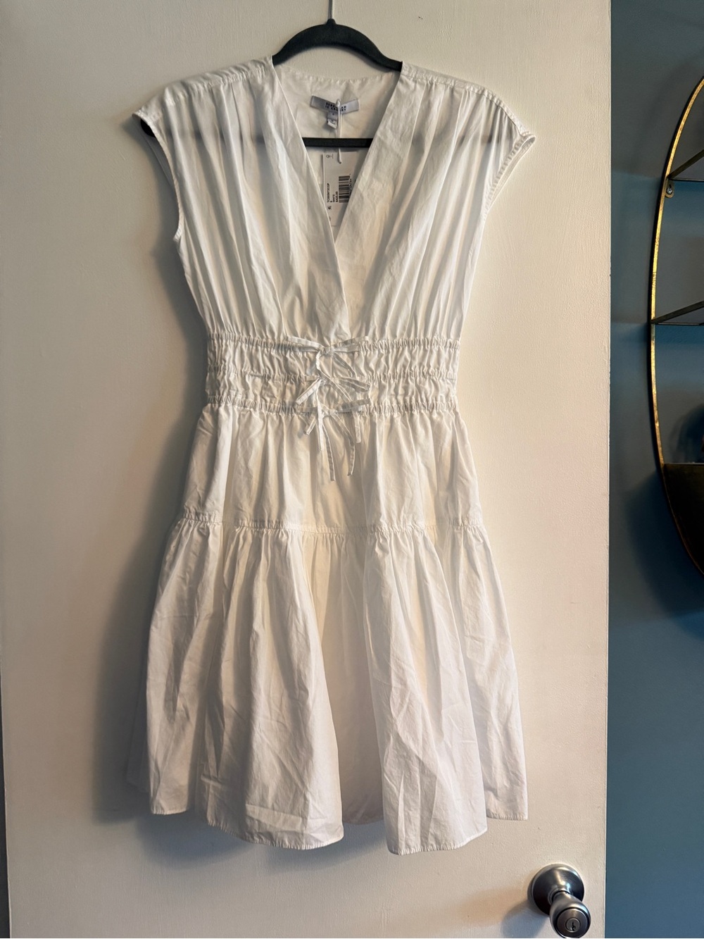 NWT Derek Lam Crosby Size O White Tora Cotton Poplin V-Neck Smocked Mini Dres